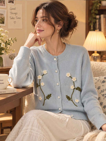 Embroidered Floral Crew-Neck Cardigan