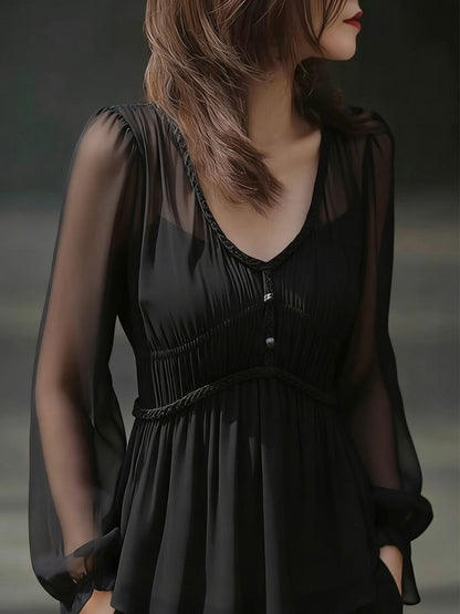 Sophia Daily V-Neck Puff Sleeve Chiffon Top