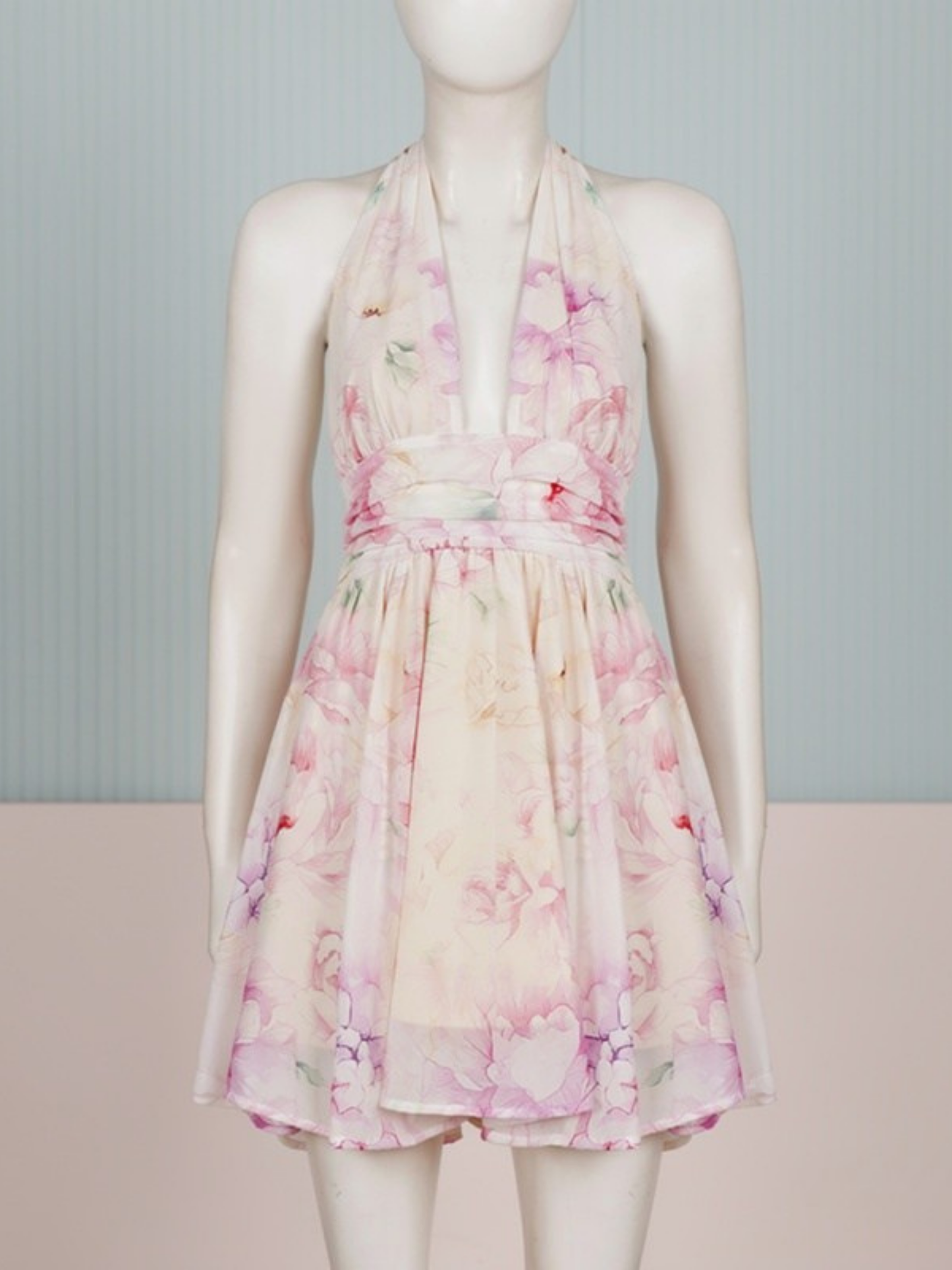 murray floral print halter backless mini dress - pink