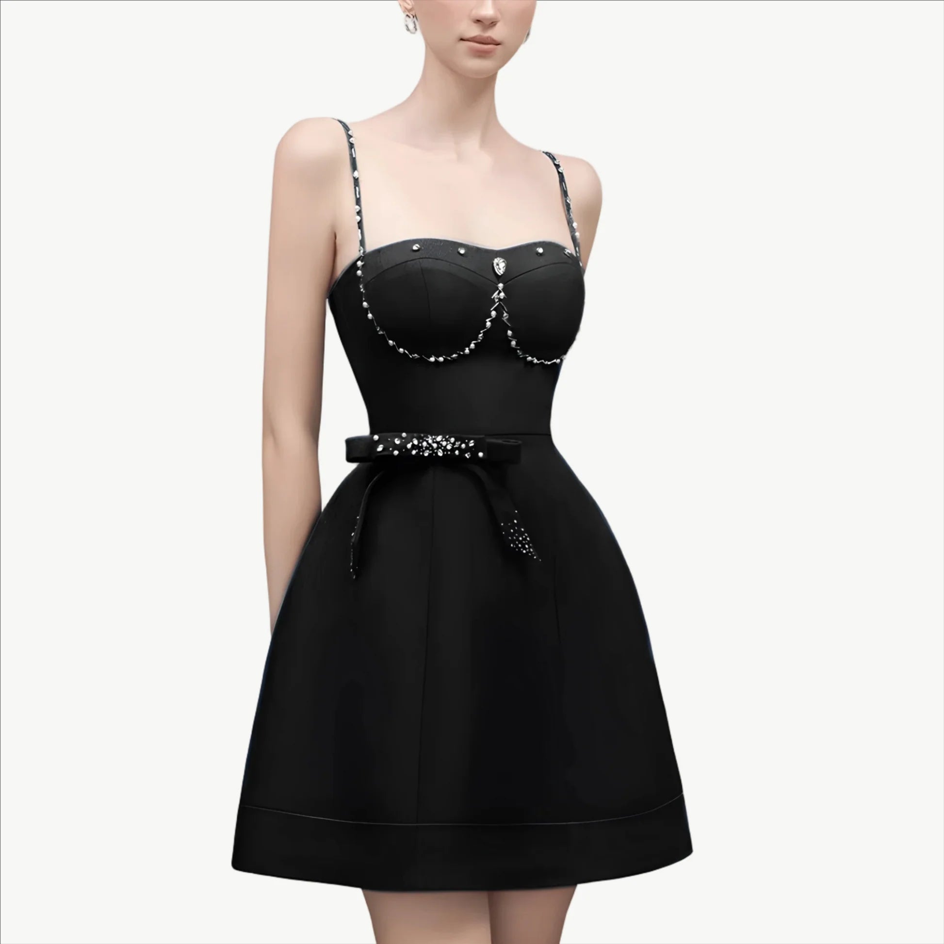 ELMA CRYSTAL EMBELLISHED BOW MINI DRESS IN BLACK