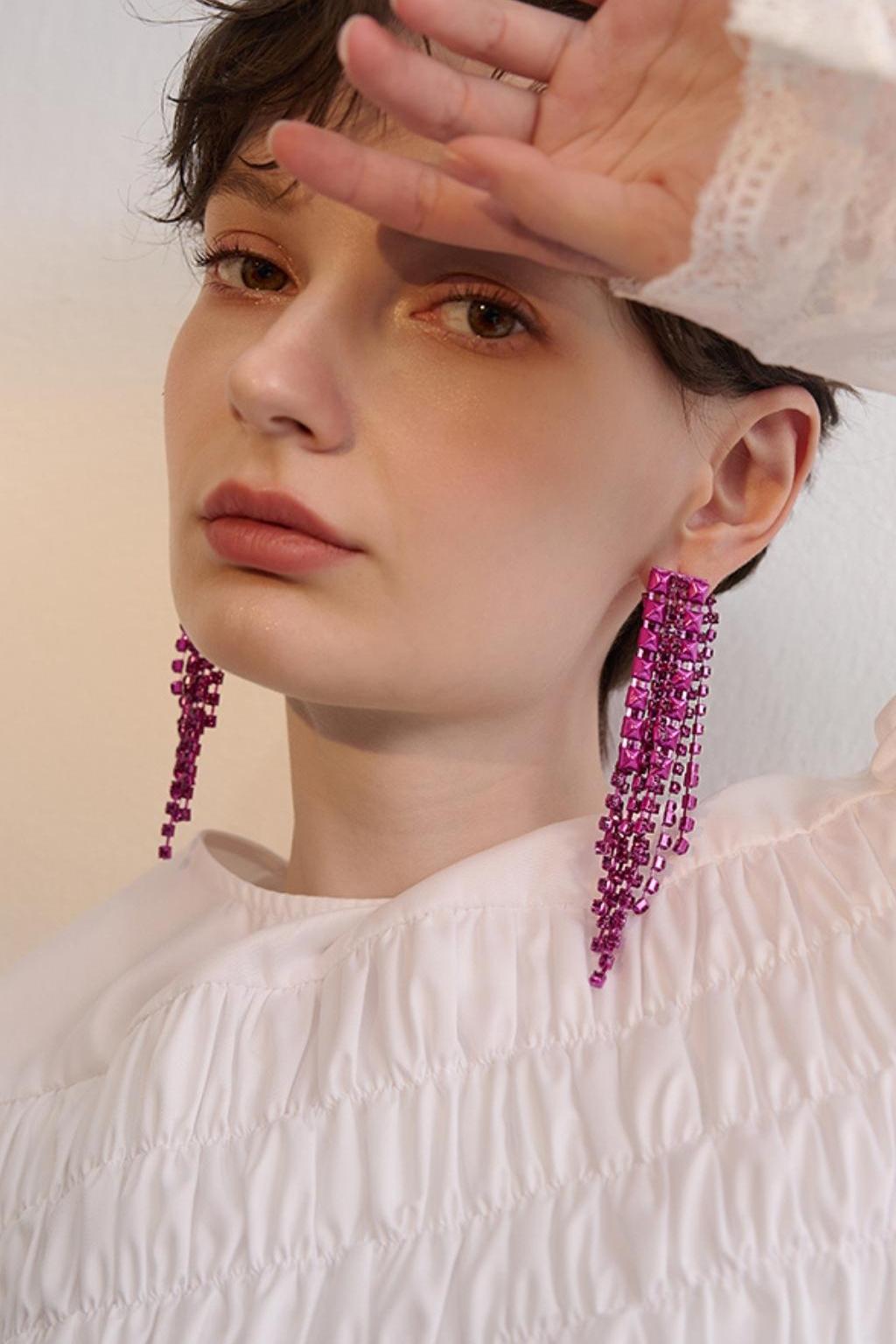 DARK VIOLET RHINESTONE TASSEL EARRINGS