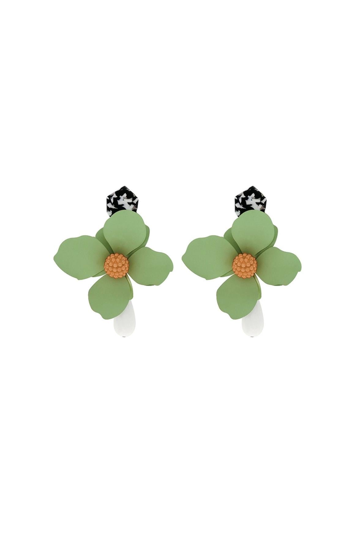 GREEN LARGE HOOP FLOWER PLASTIC EARRINGS