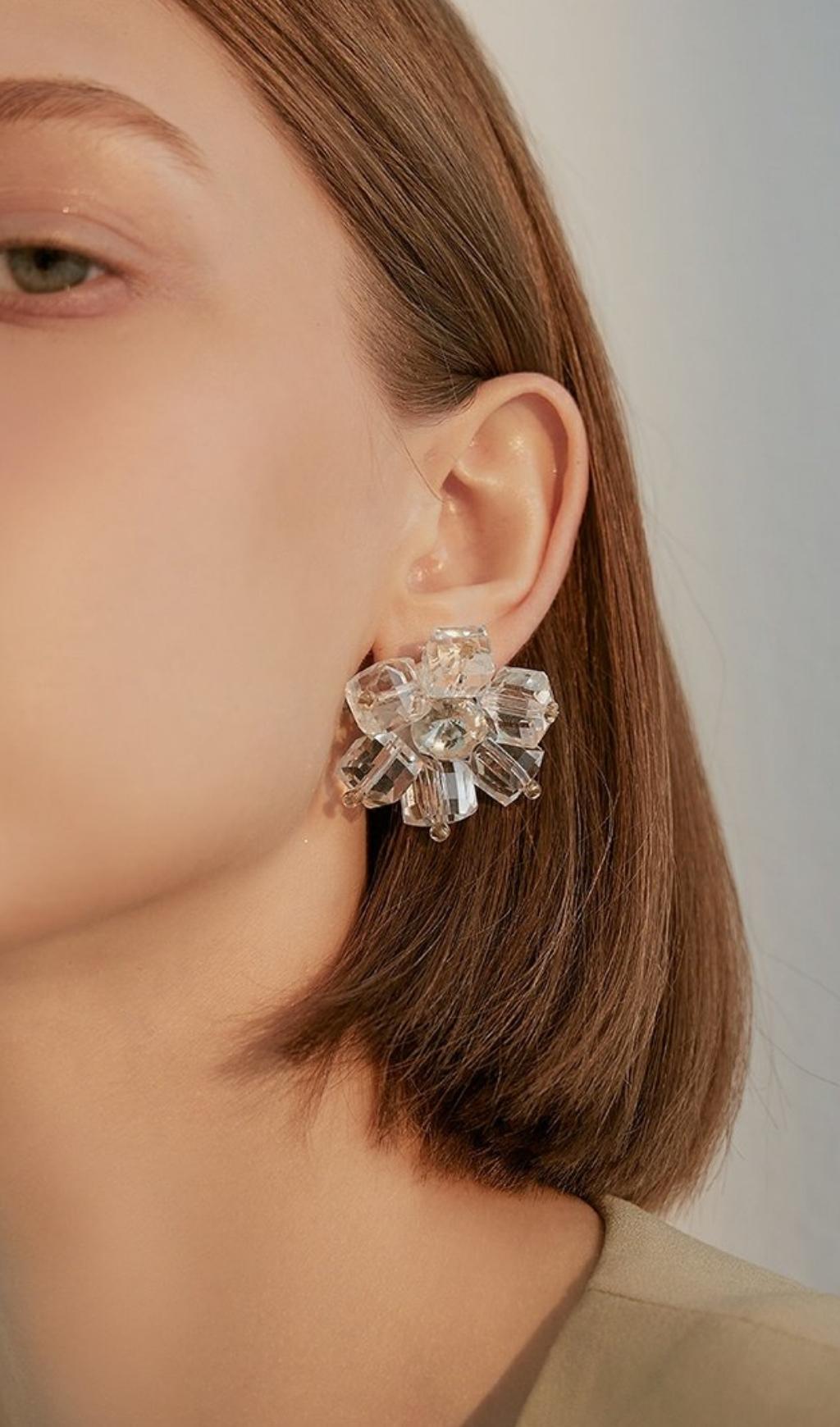 WHITE CRYSTAL 3D FLOWER EARRINGS