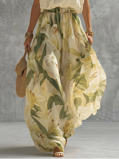 High Waisted Wide Leg Contrast Color Elasticity Flower Print Pants Trousers