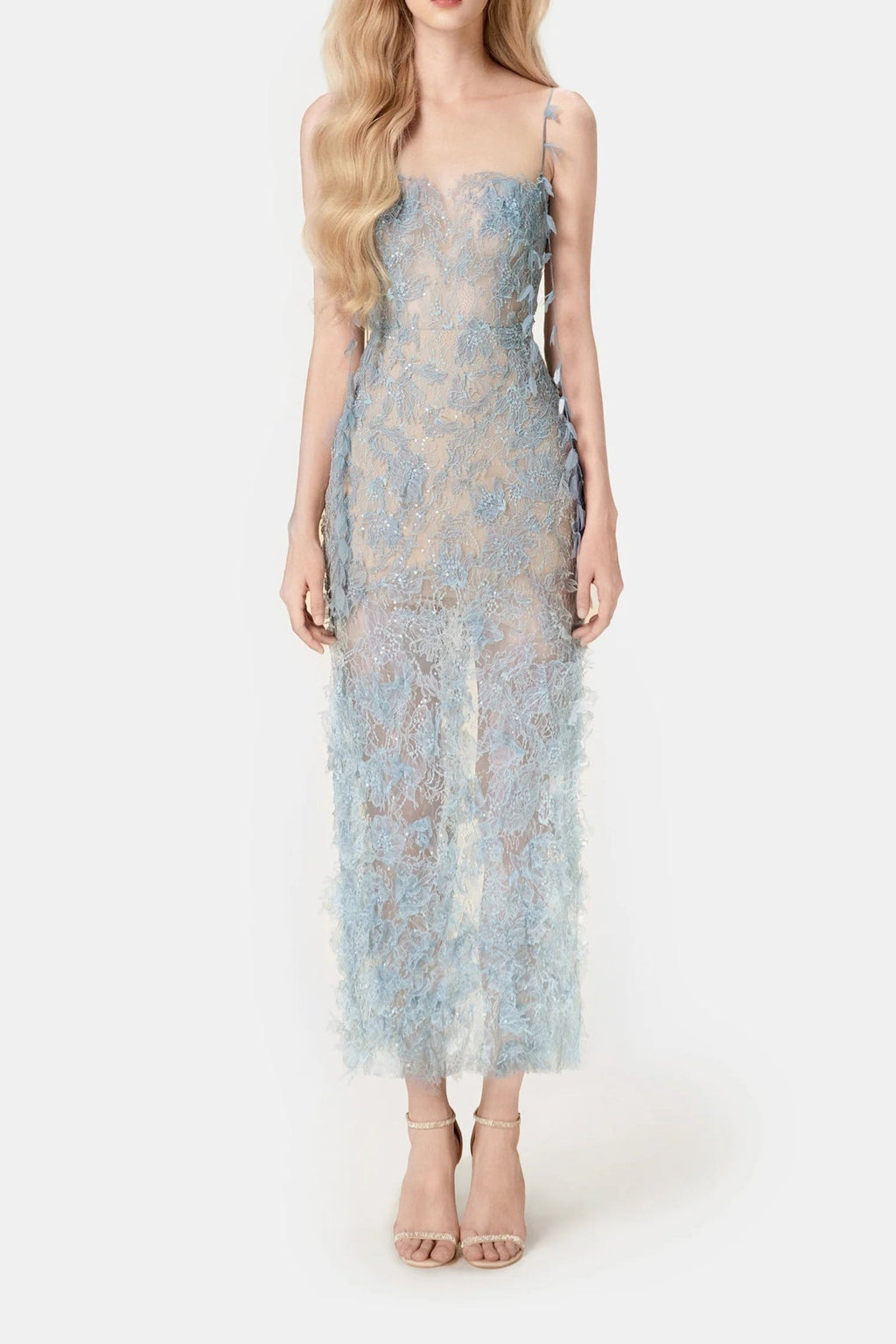 BLUE BEADED LACE PENCEL DRESS