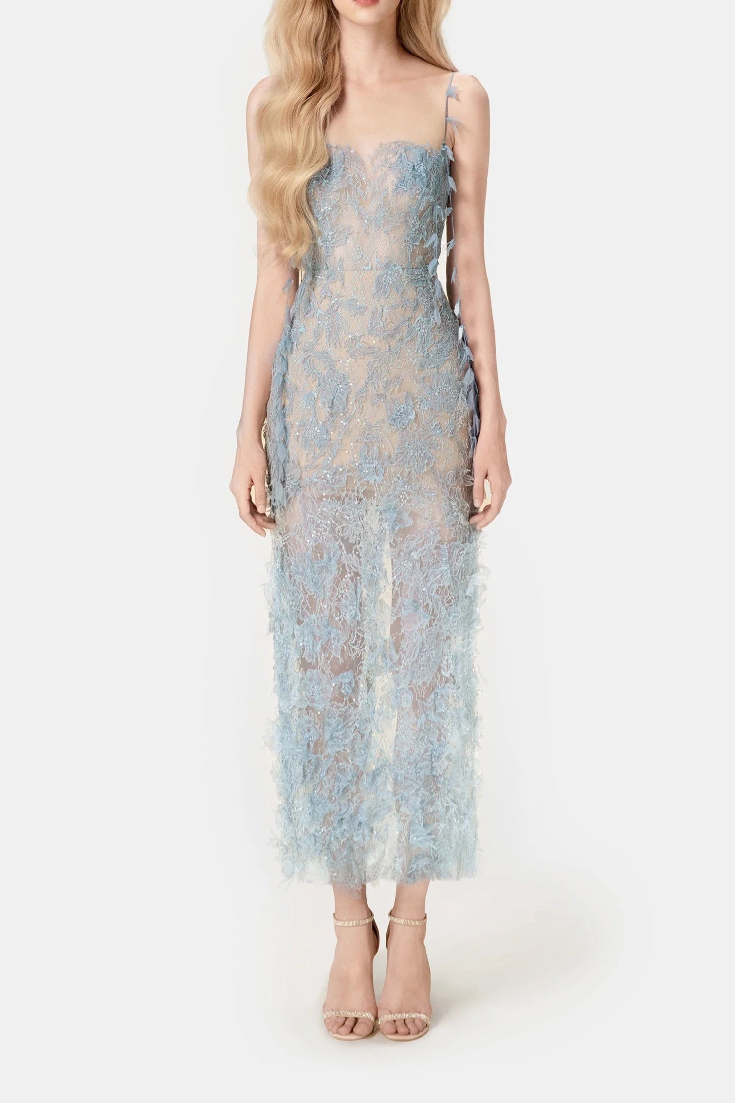 BLUE BEADED LACE PENCEL DRESS