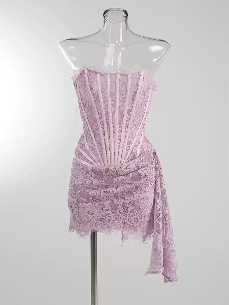 Kellie Strapless Lace Appliques Mini Dress In Light Purple