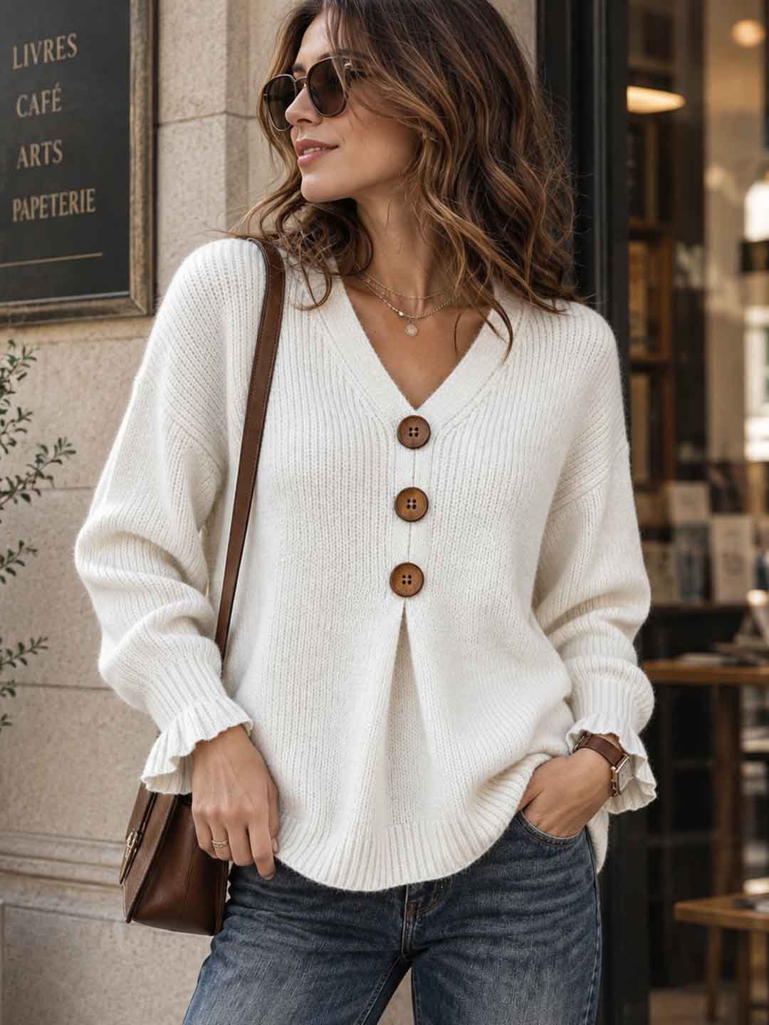 V-neck Ruffled Sleeves Knit Sweater