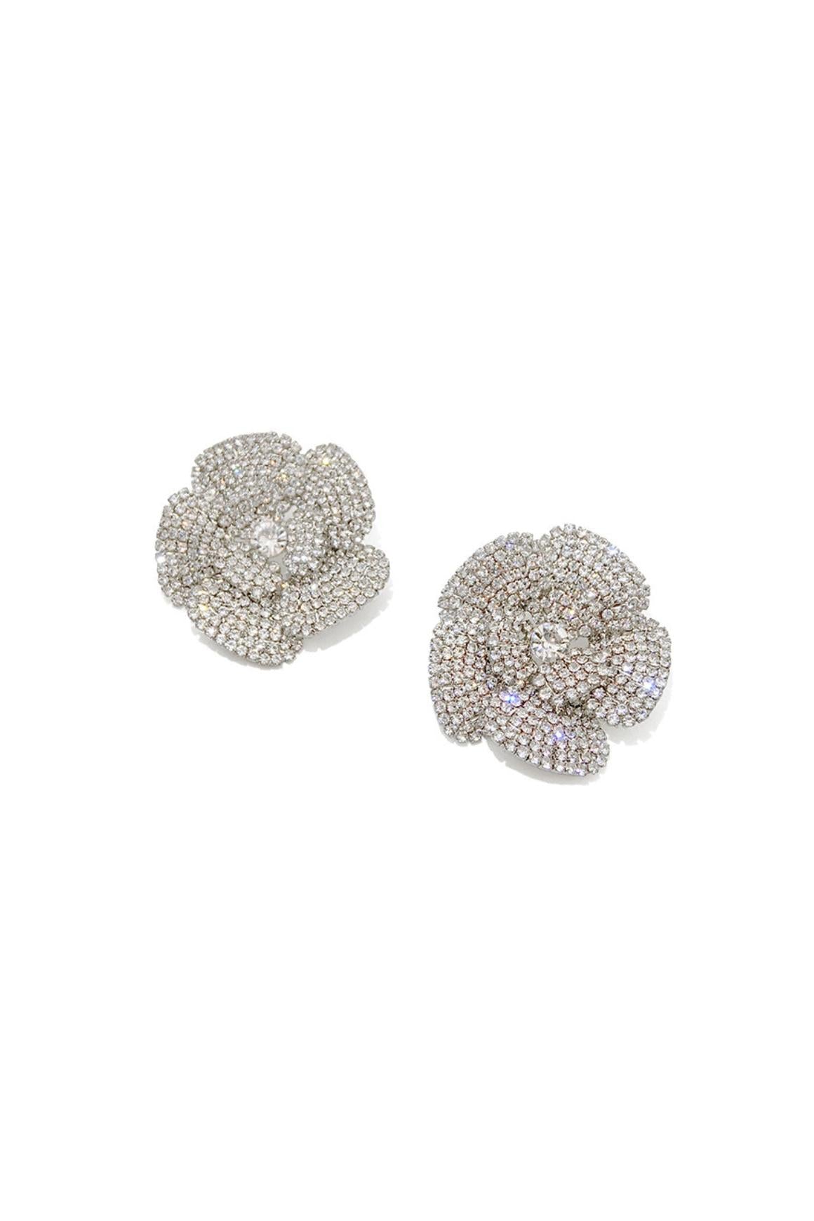 SILVER FIVE-PETAL RHINESTONE EARRINGS