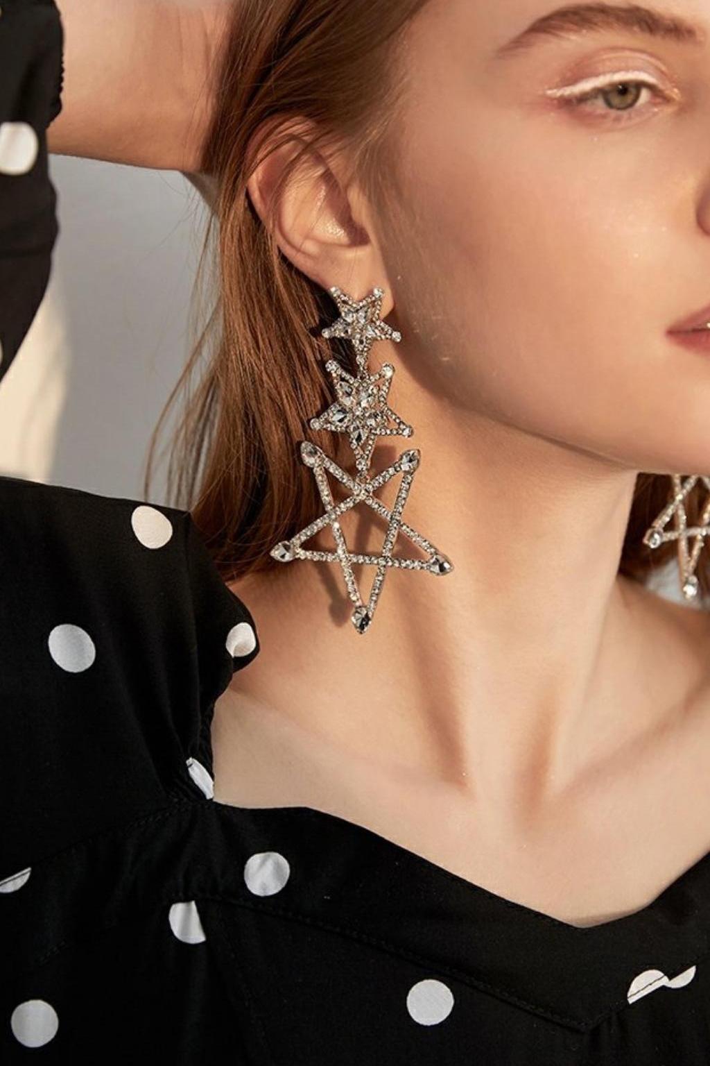 SILVER PENTAGRAM RHINESTONE EARRINGS