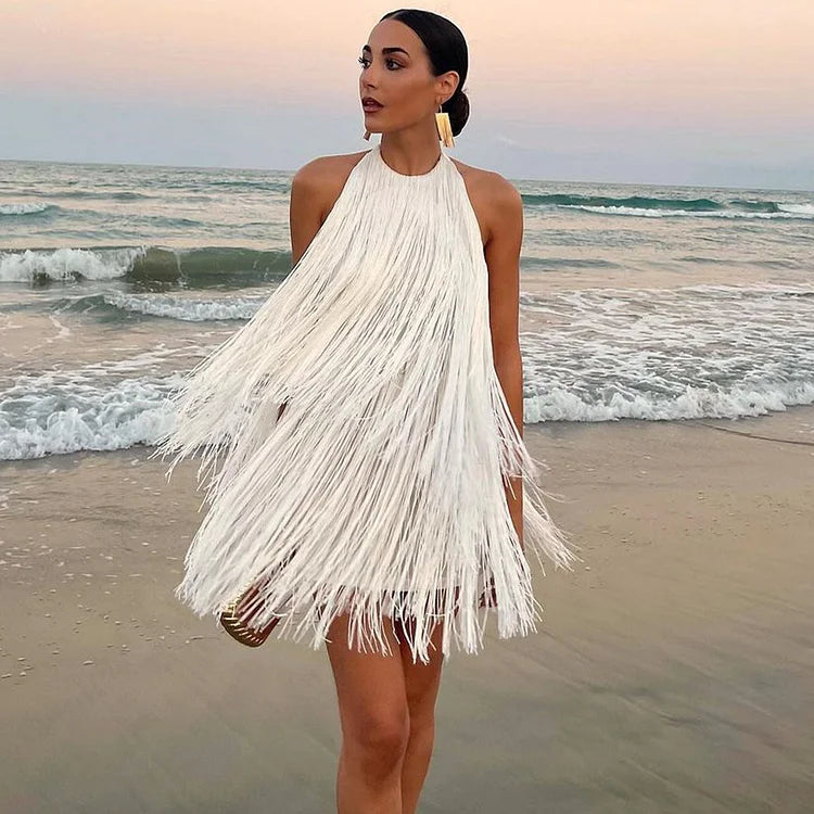 Ivy Fringe Trim Mini Dress In White