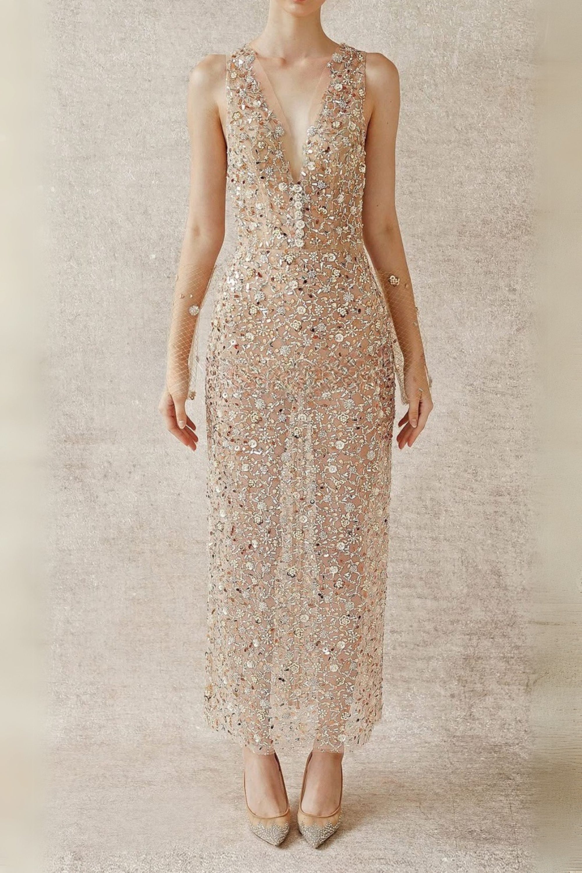 sleeveless flower Embroidery midi dress in beige