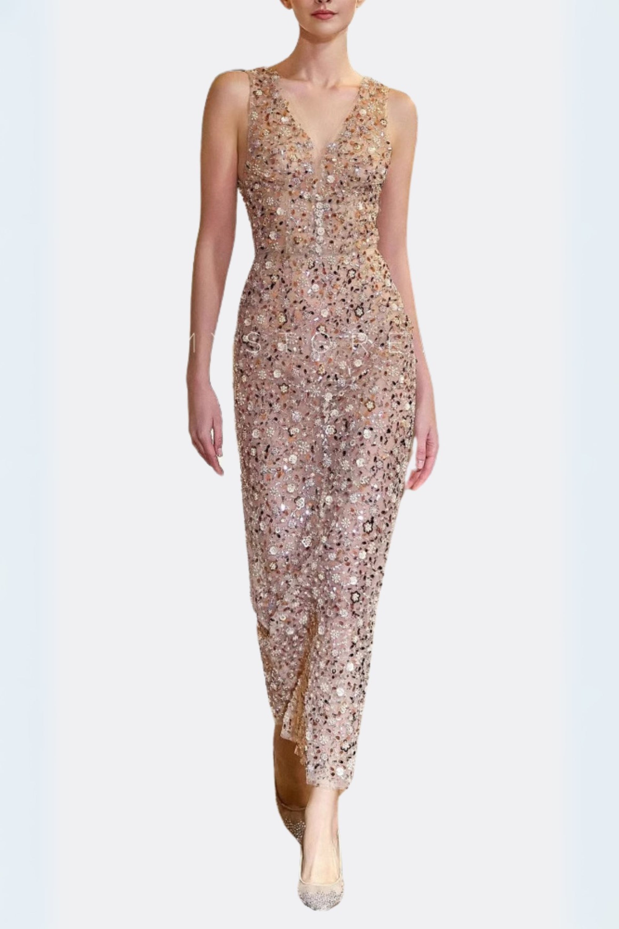 sleeveless flower Embroidery midi dress in beige