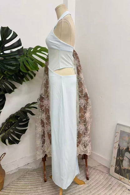 Light Blue Halter V-Neck Mesh Cutout Waist Side Hollow Bodycon Maxi Dress
