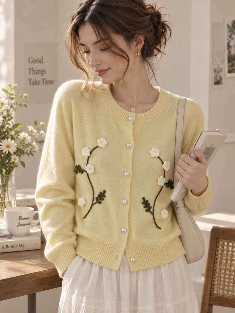 Embroidered Floral Crew-Neck Cardigan
