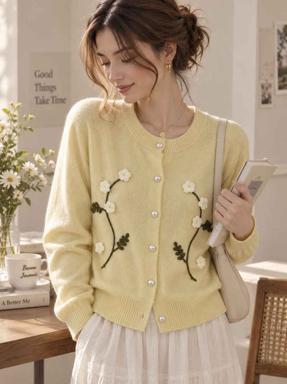 Embroidered Floral Crew-Neck Cardigan