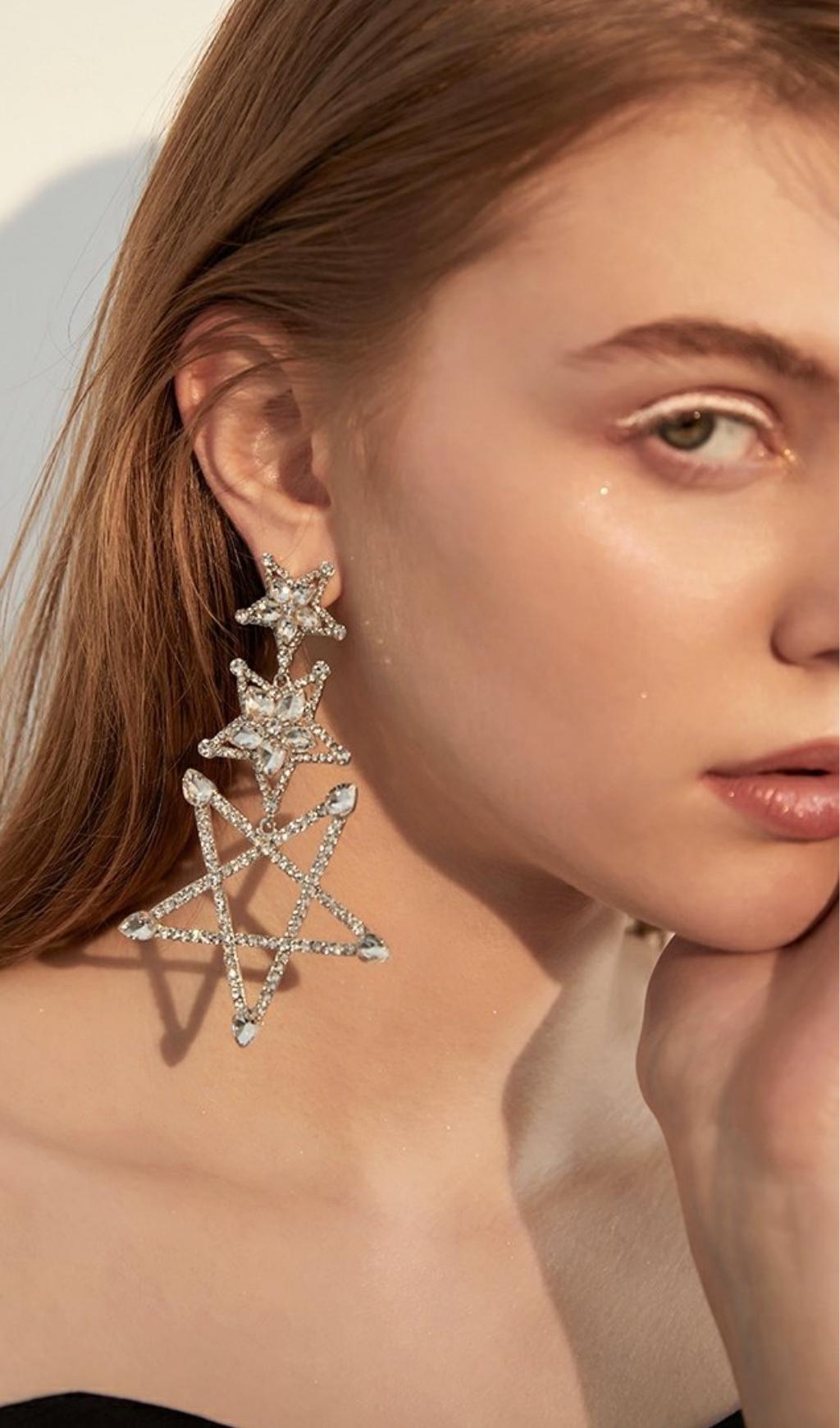 SILVER PENTAGRAM RHINESTONE EARRINGS