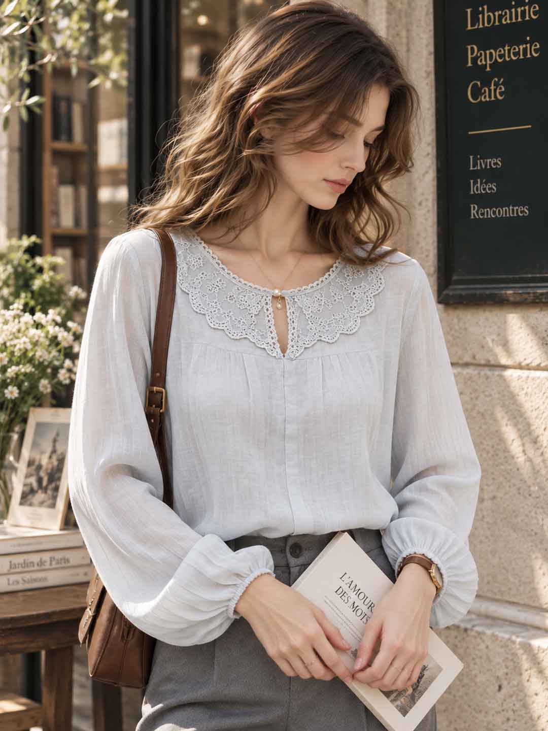 Pleated Lace Crew-Neck Shirt