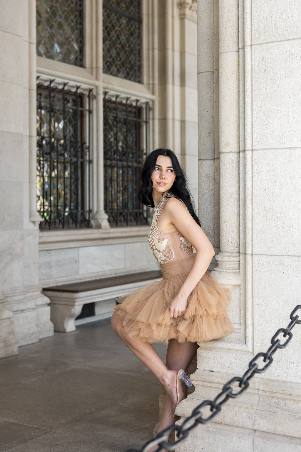 Ballerina |  Beige Tulle Mini Dress with 3D Applique