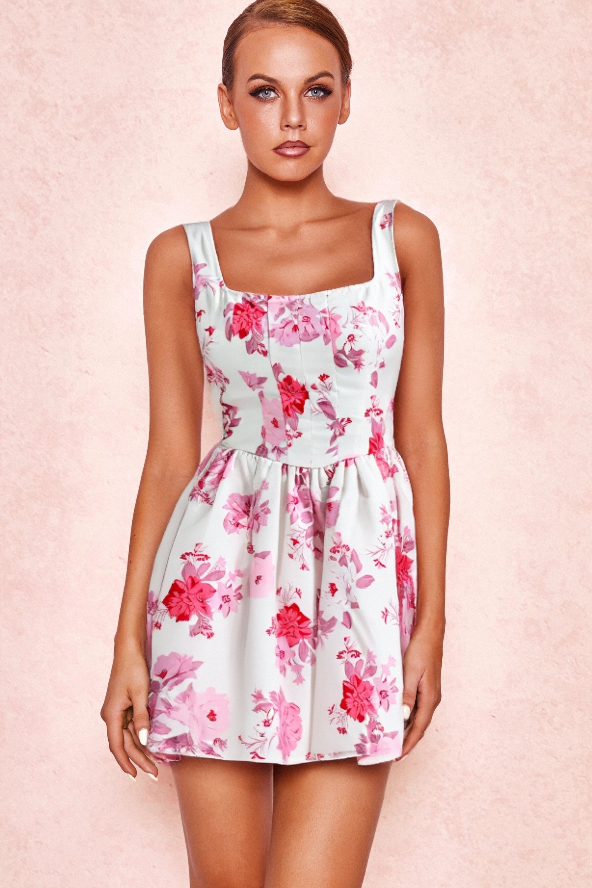 RETALE PINK FLORAL FLARED MINI DRESS