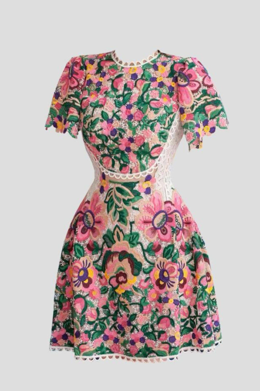 FLORAL-EMBROIDERED LACE DRESS IN LIPSTICK