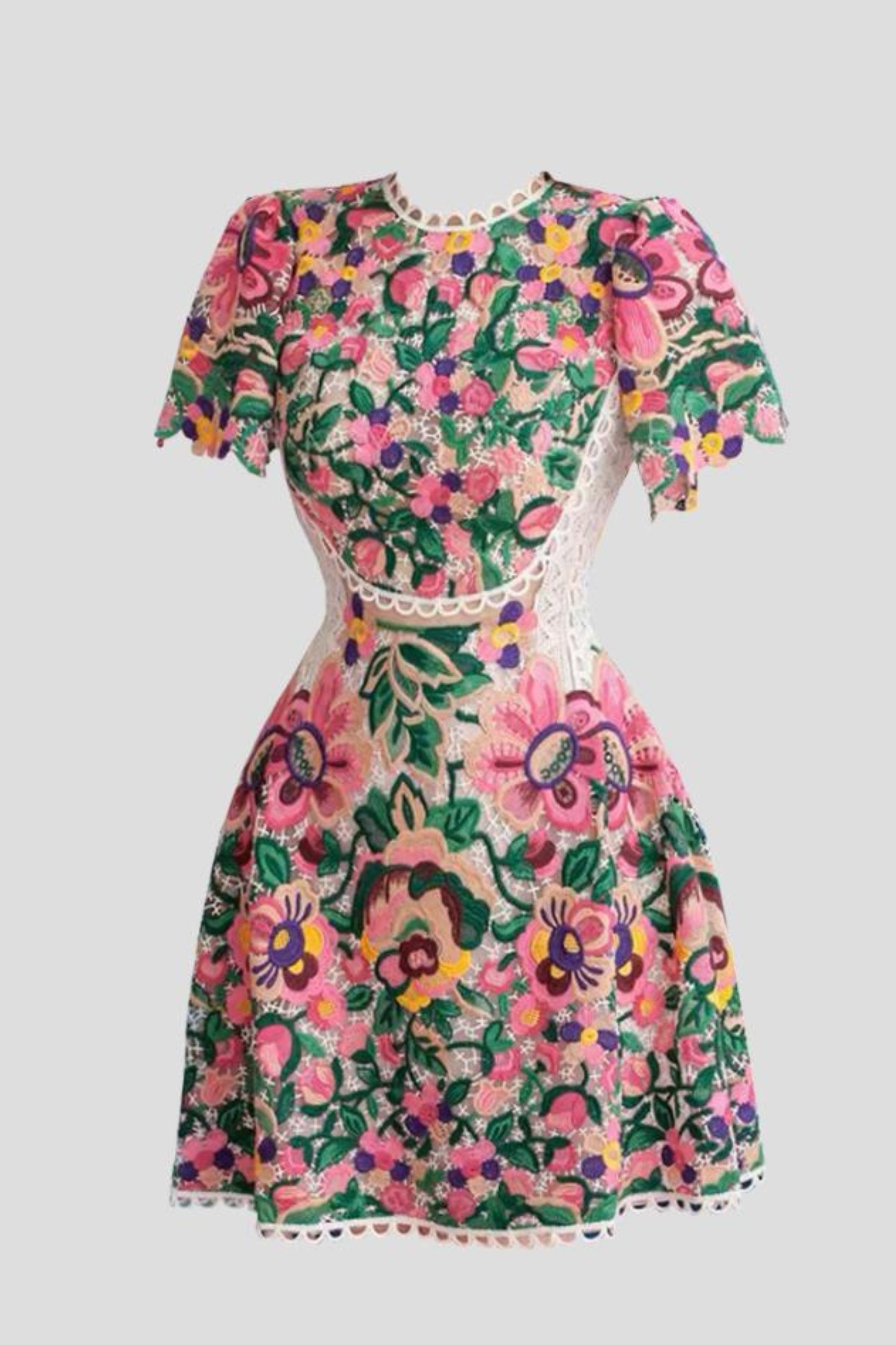FLORAL-EMBROIDERED LACE DRESS IN LIPSTICK