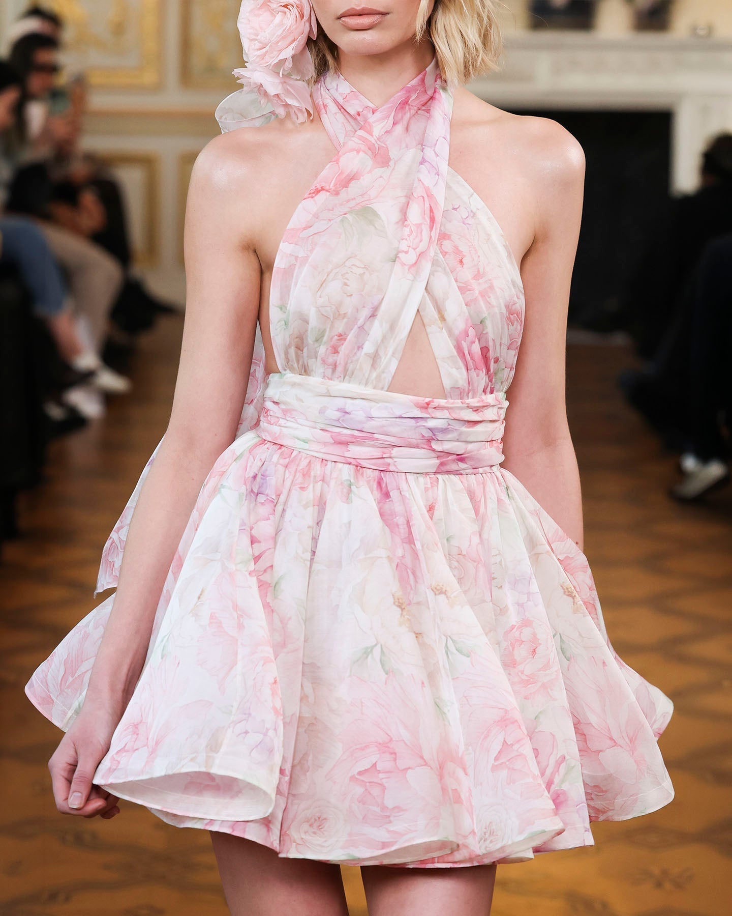 murray floral print halter backless mini dress - pink
