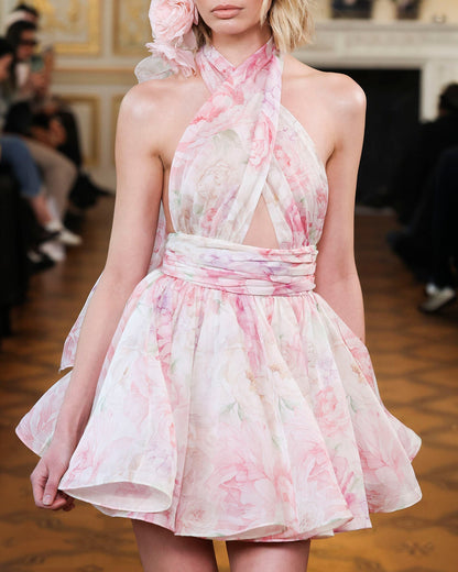 murray floral print halter backless mini dress - pink