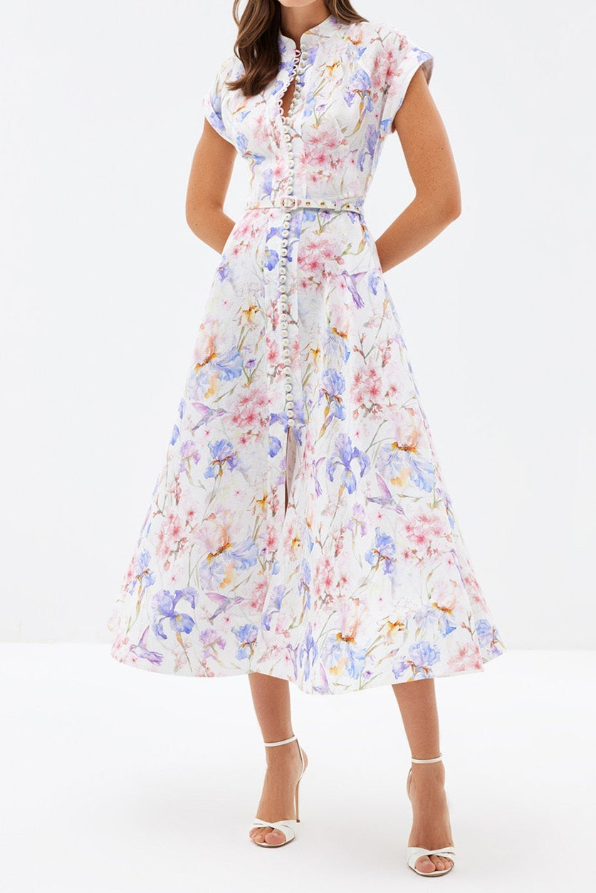 multicolor floral print a-line midi dress