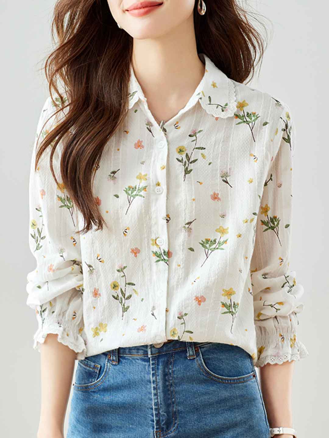nancy Classic Lapel Embroidered Floral Shirt