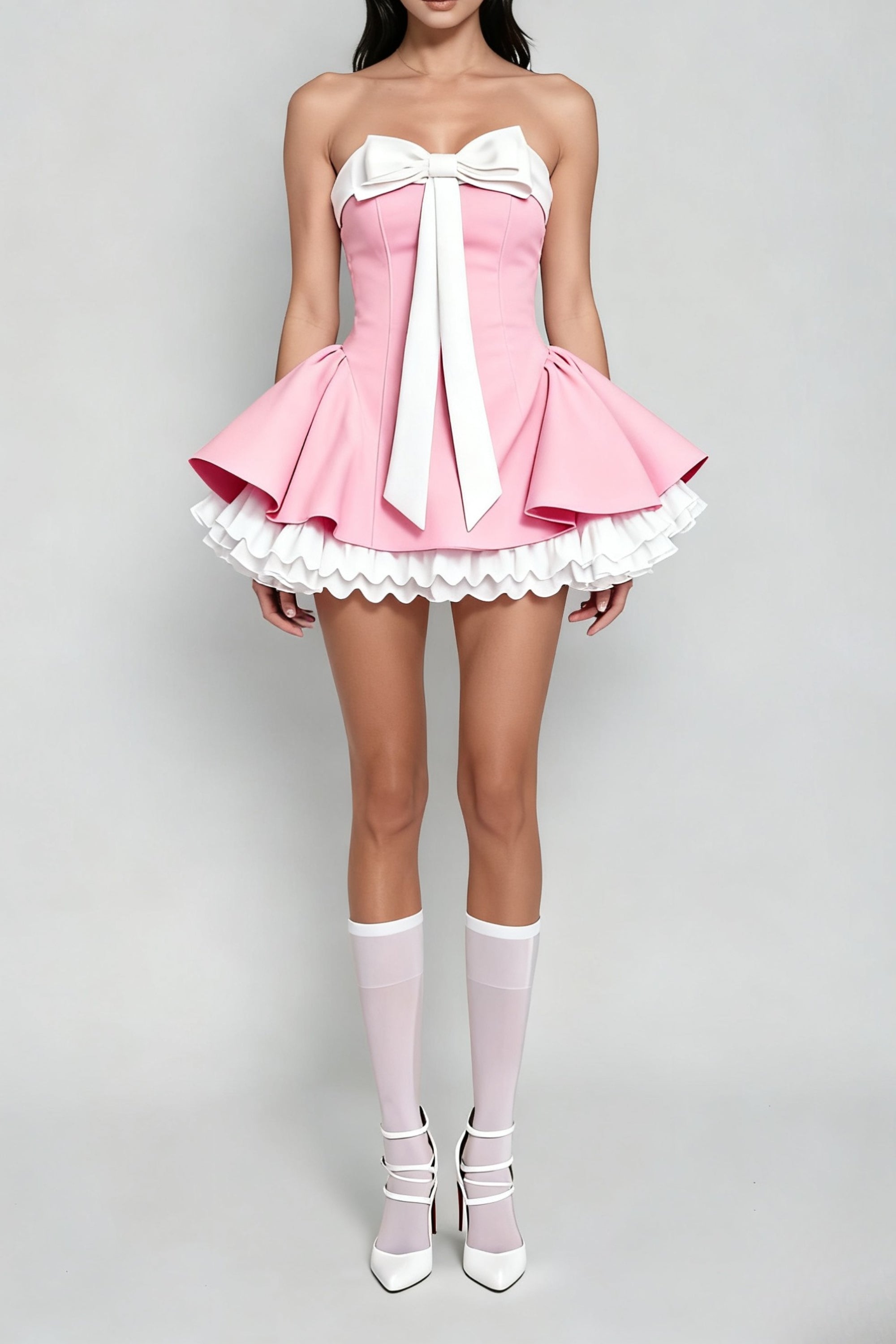 Bow woven lace tube top mini dress in pink
