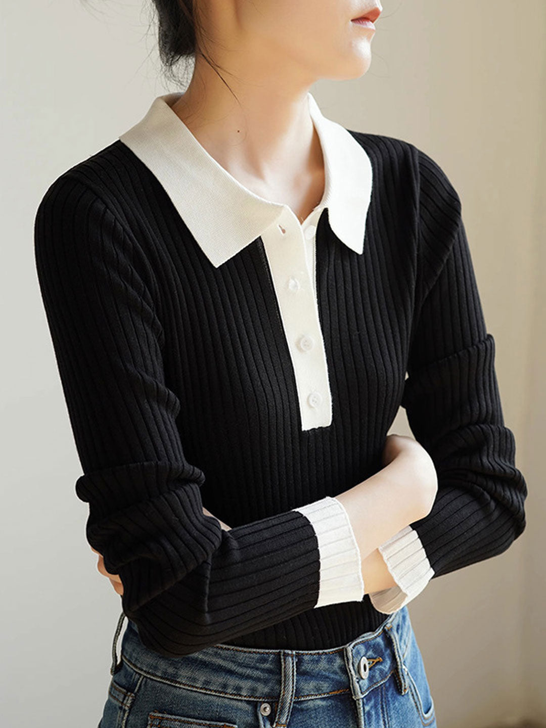 Jessica Retro Contrast Color Slim Knitted Sweater-Green