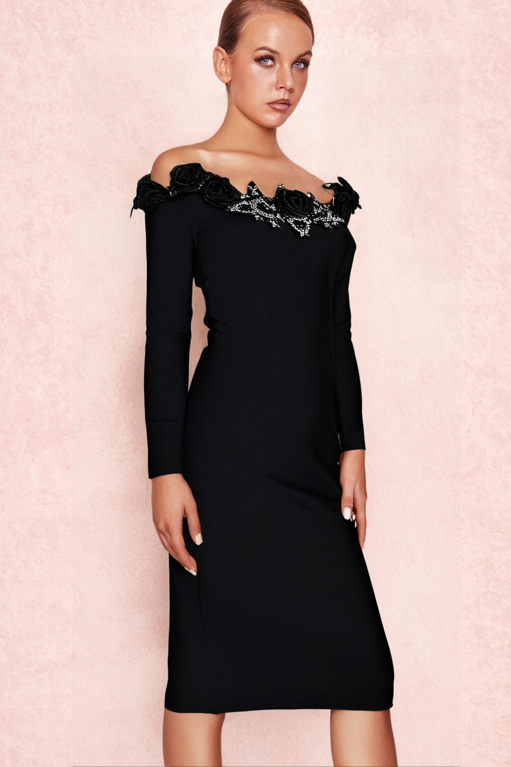 RUBIDES DIAMOND BANDAGE MIDI DRESS IN BLACK