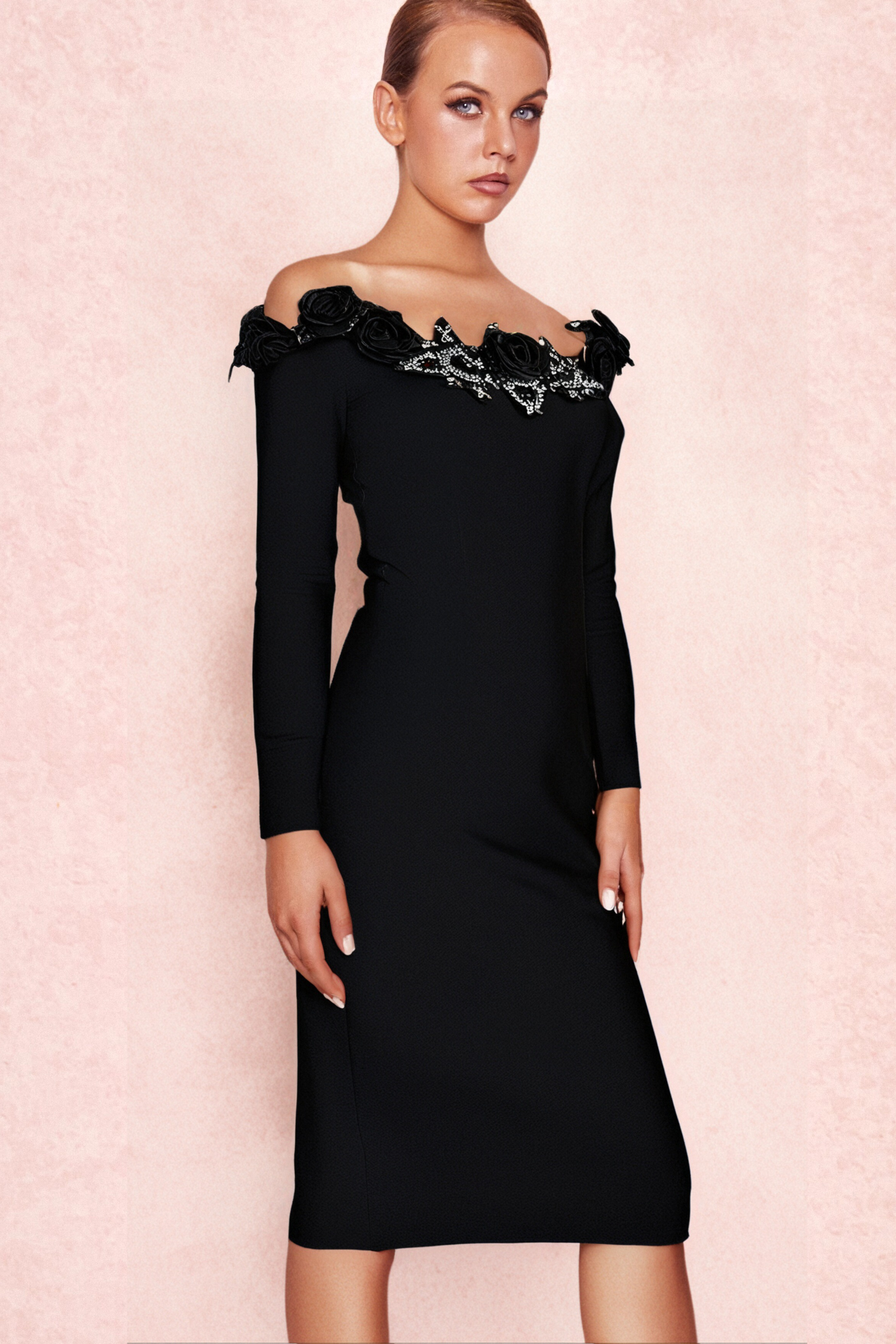RUBIDES DIAMOND BANDAGE MIDI DRESS IN BLACK