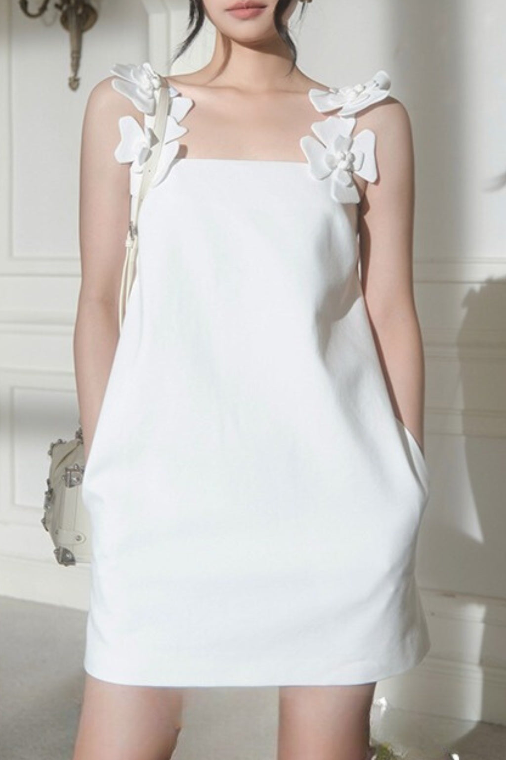 3D Floral Shoulder Strap Halter Mini Dress In White