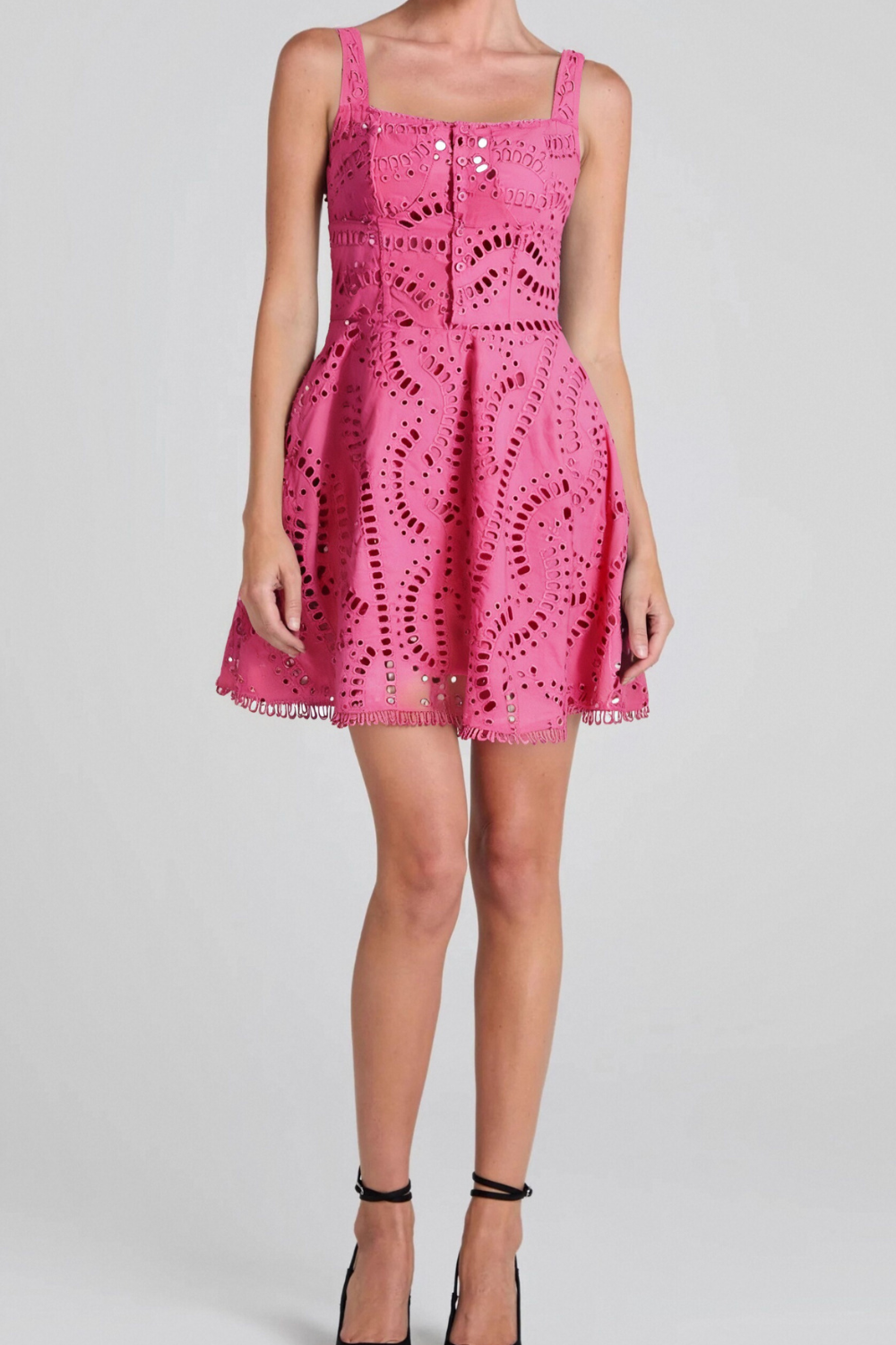 EMBROIDERED HOLLOW MINI DRESS IN HOT PINK