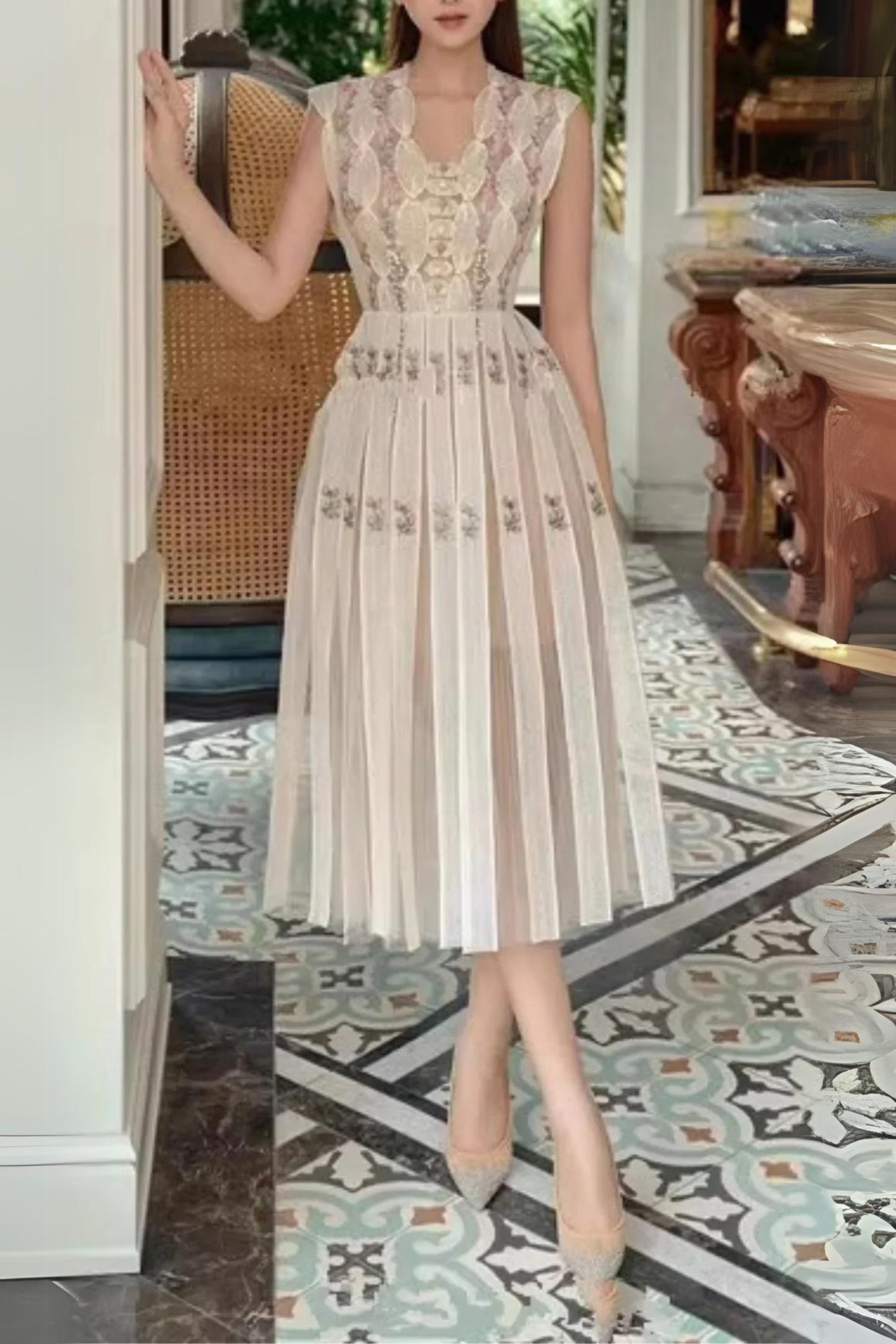 PEARL-EMBELLISHED SLEEVELESS FLORAL MIDI DRESS