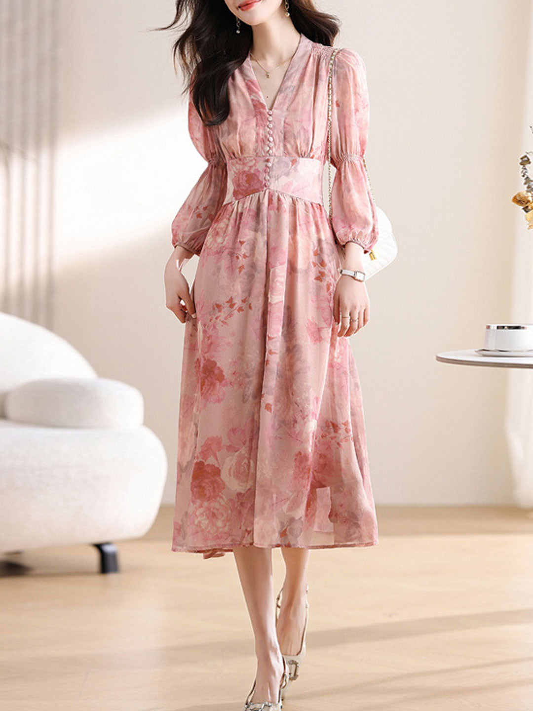 Madison Daily V-Neck Puff Sleeve Chiffon Floral Dress