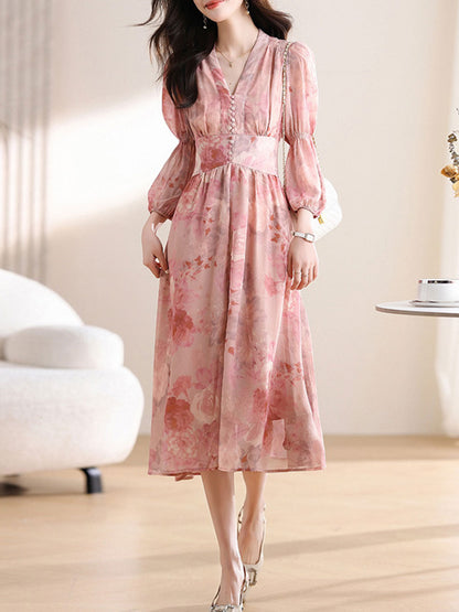 Madison Daily V-Neck Puff Sleeve Chiffon Floral Dress