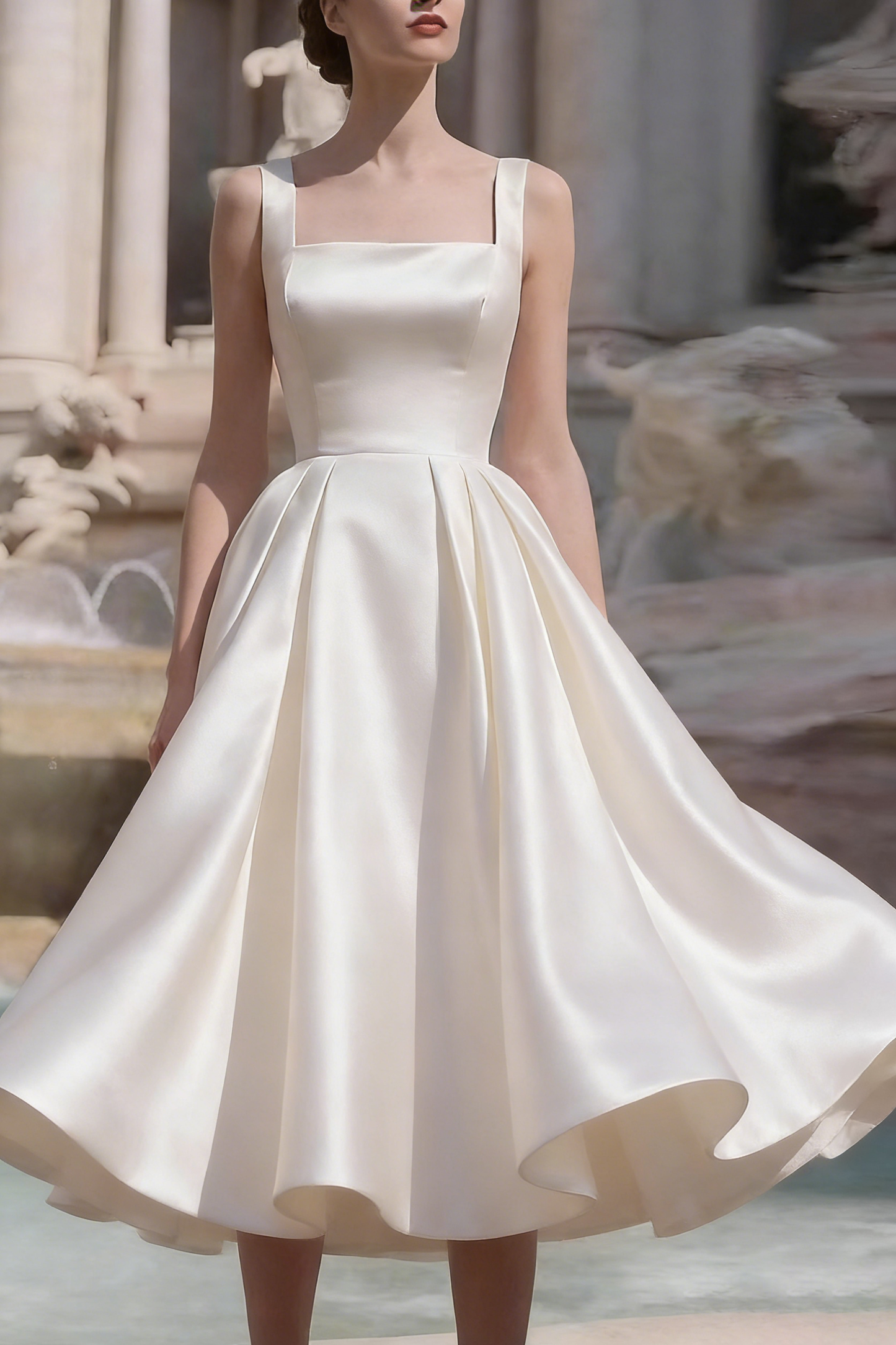 Sharon White Square Neck Satin Midi Wedding Dress
