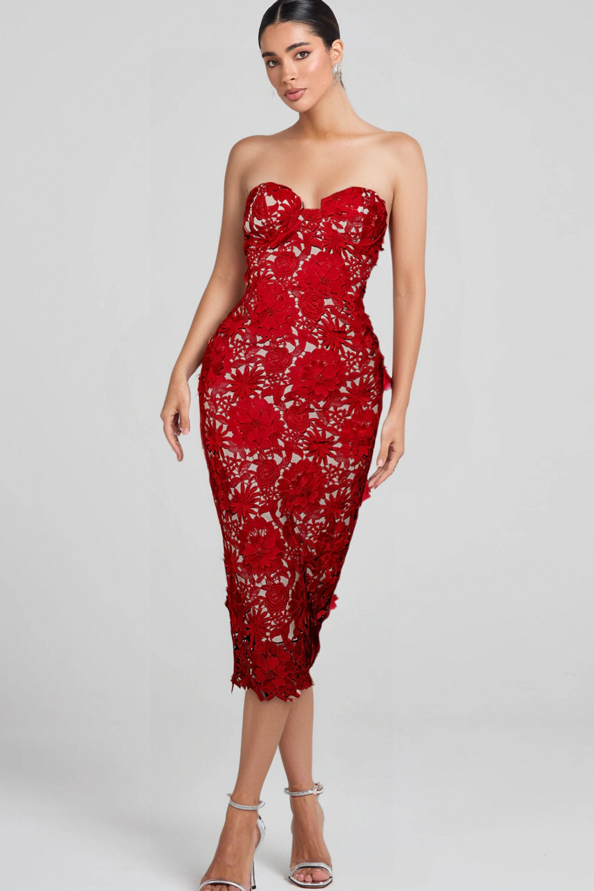 FLORAL EMBROIDERED MIDI DRESS IN RED