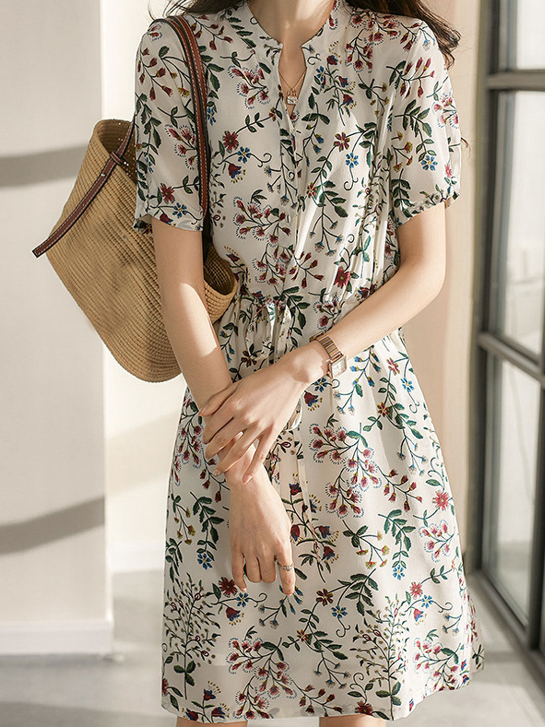 sabrina V-Neck Printed Drawstring Chiffon Dress