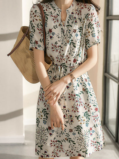 sabrina V-Neck Printed Drawstring Chiffon Dress
