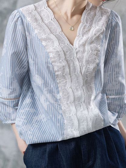 Riley Casual V-Neck Lace Embroidered Blouse