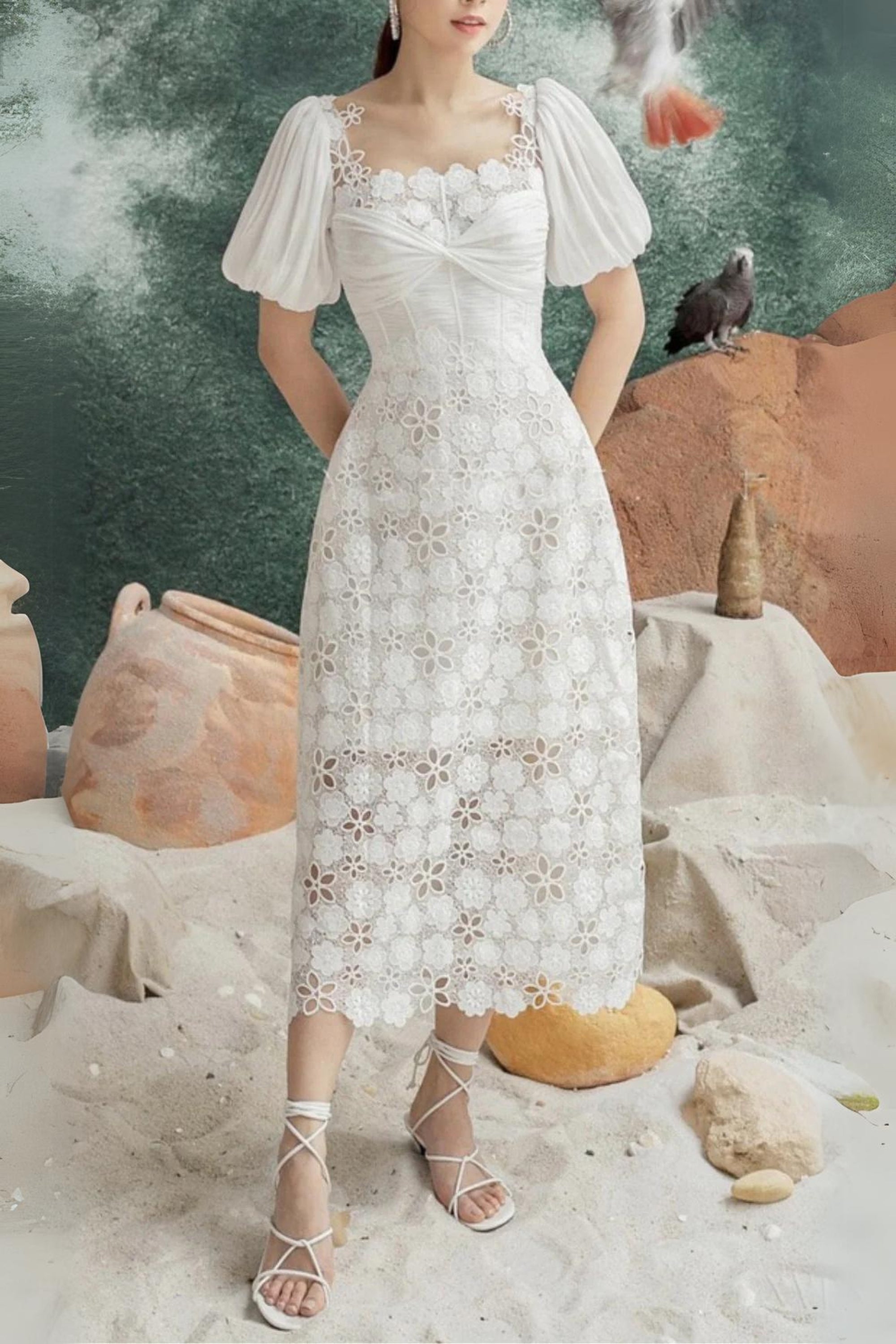 PUFF SLEEVE LACE MIDI DRESS IN WHITE