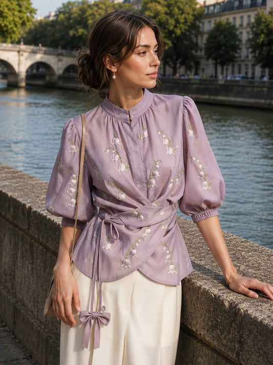V-neck Printed Long-sleeved Top