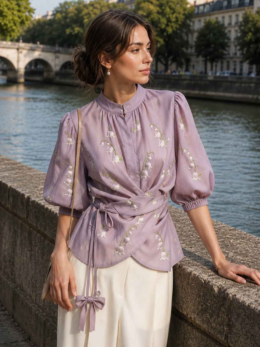 V-neck Printed Long-sleeved Top