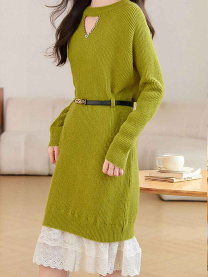 Kaylee Daily Crew Neck Patchwork Lace Knitted Dress