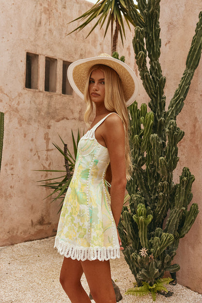 floral print Lace-trimmed V-neck linen camisole mini dress - green