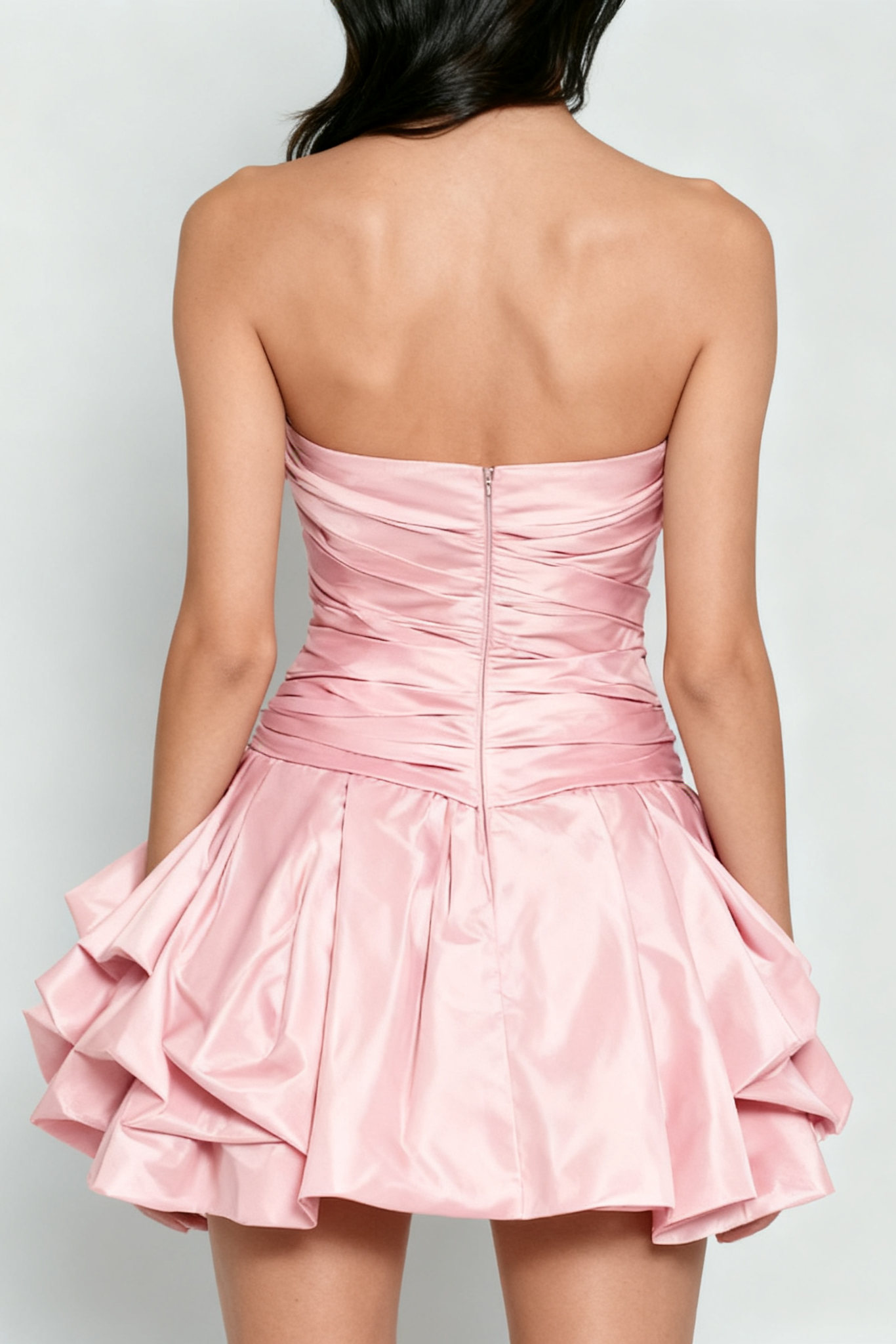 SATIN STRAPLESS BUD MINI DRESS IN PINK